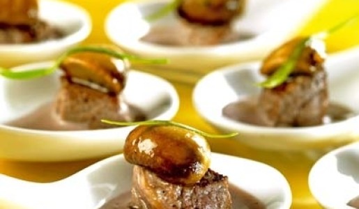 Lomo y champiñones en cucharas