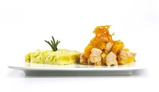 Pollo con naranja y membrillo y soufflé de poro