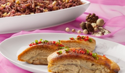 Panceta glaseada con arroz morado