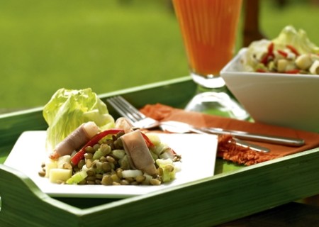 Ensalada de lentejas con langostinos