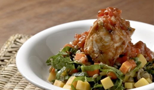 Pavita guisada con ragú de verduras y lentejas