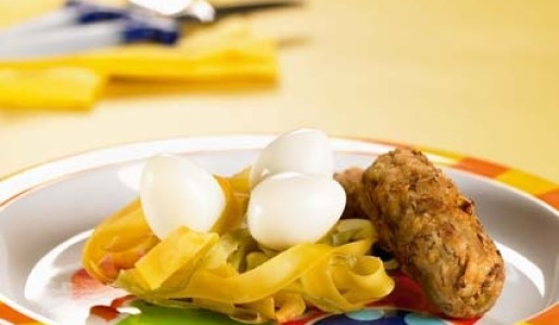 Nidos de pasta y croqueta de lentejas