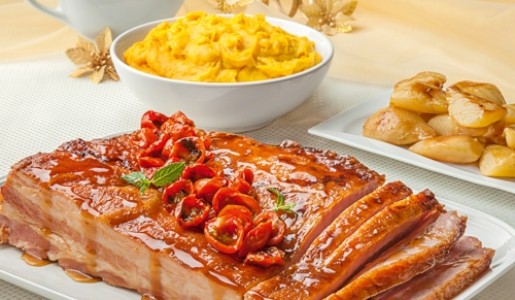 Panceta de cerdo con jugo de membrillo y puré de zapallo loche