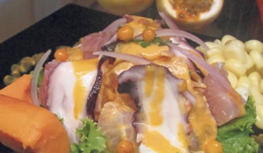 Cebiche de señorita en salsa de maracuyá y ají charapita